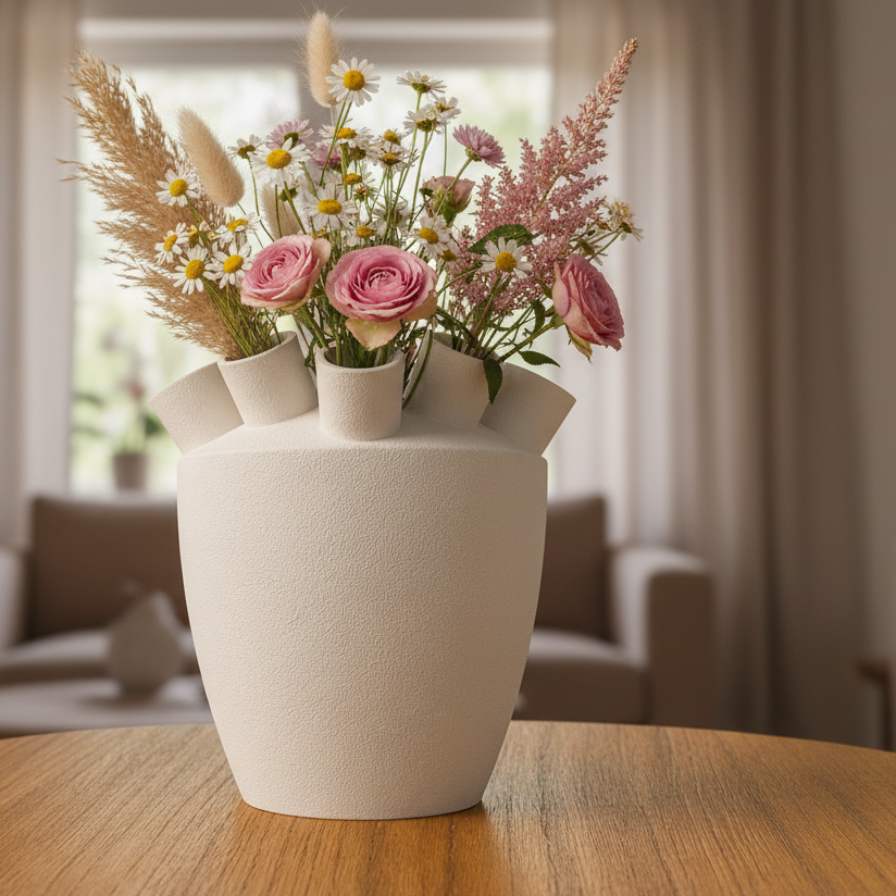 Vaas Sora in kleur botwit egaal met bos zijdebloemen