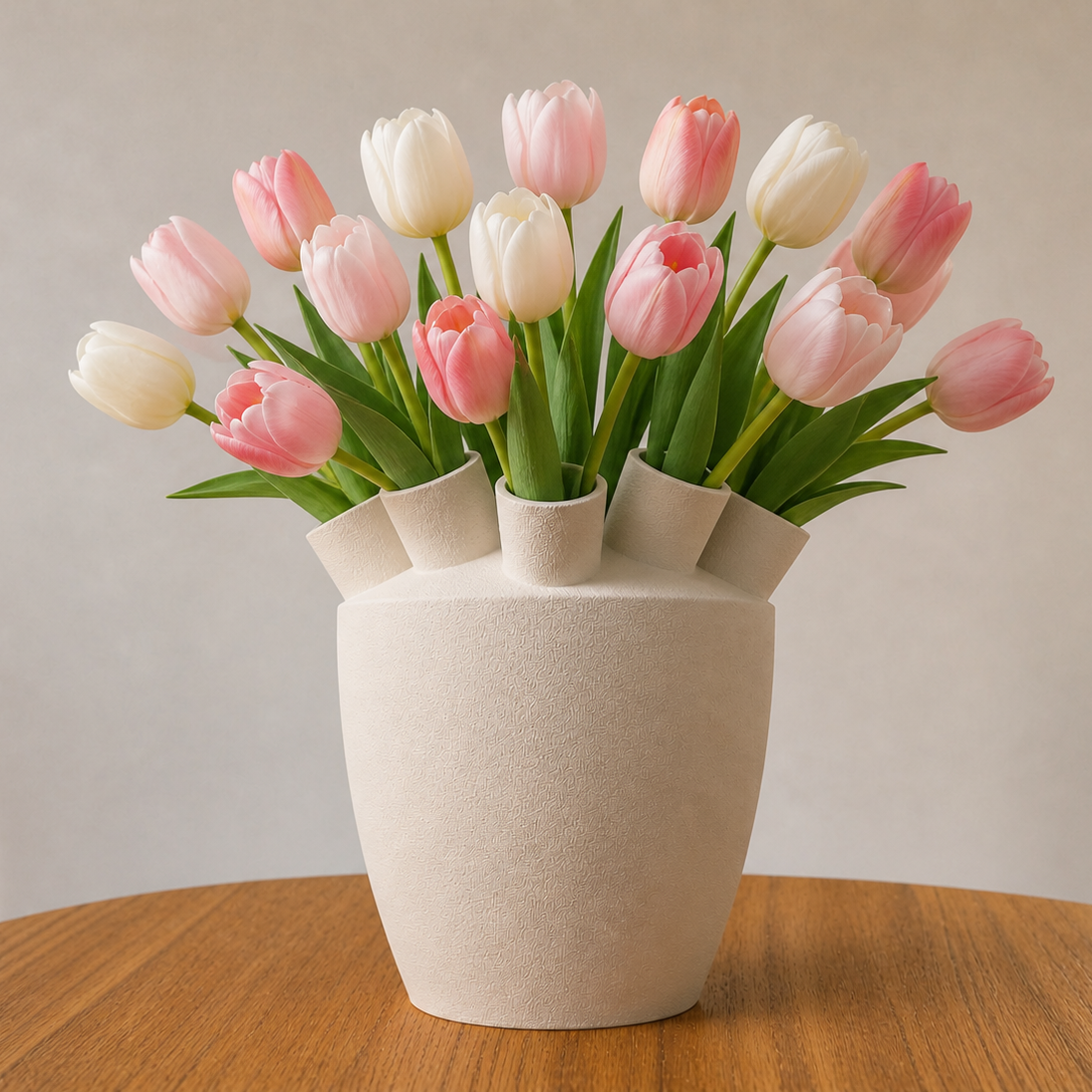 Vaas Sora in kleur botwit met roze witte tulpen