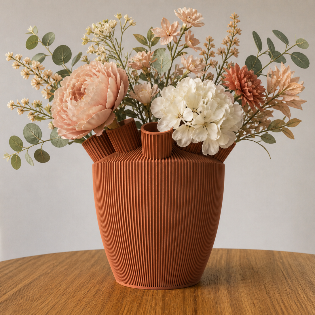 Vaas Sora in kleur terracotta ribbel met bos zijdebloemen